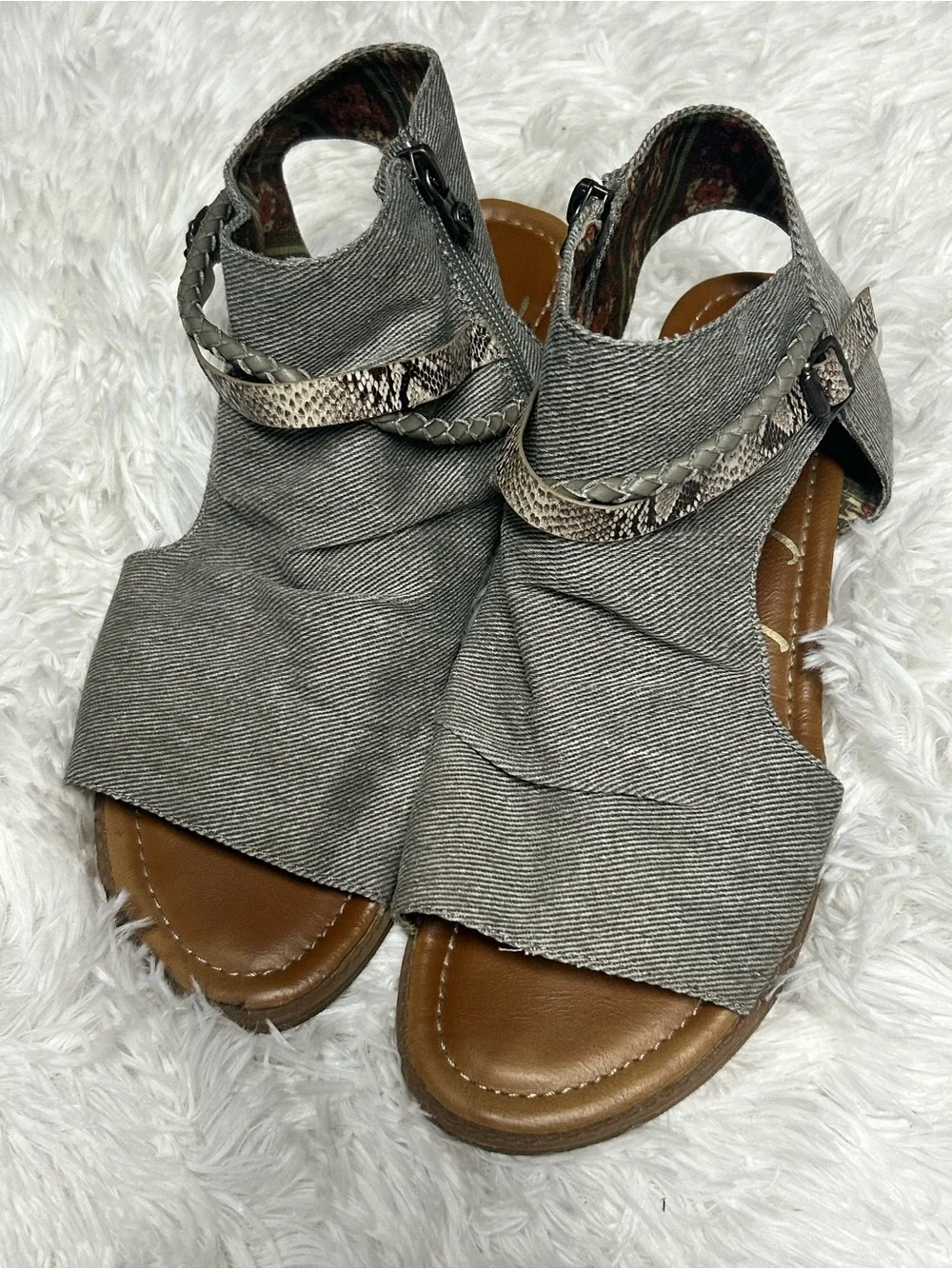 Women's Blowfish Malibu Gray Denim Peep-Toe Sandals snake skin strap